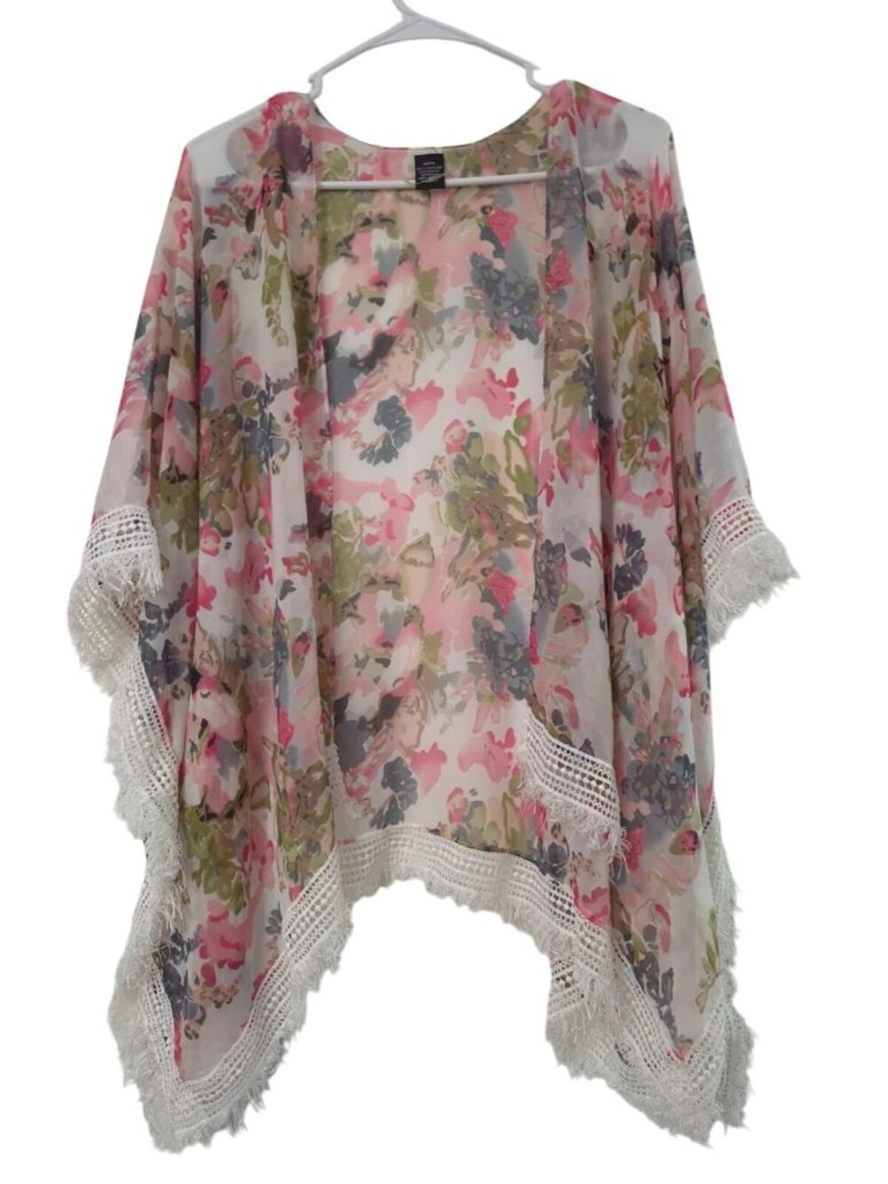 Floral Sheer Kimono Cardigan Fringe Trim OSFM Pink Green